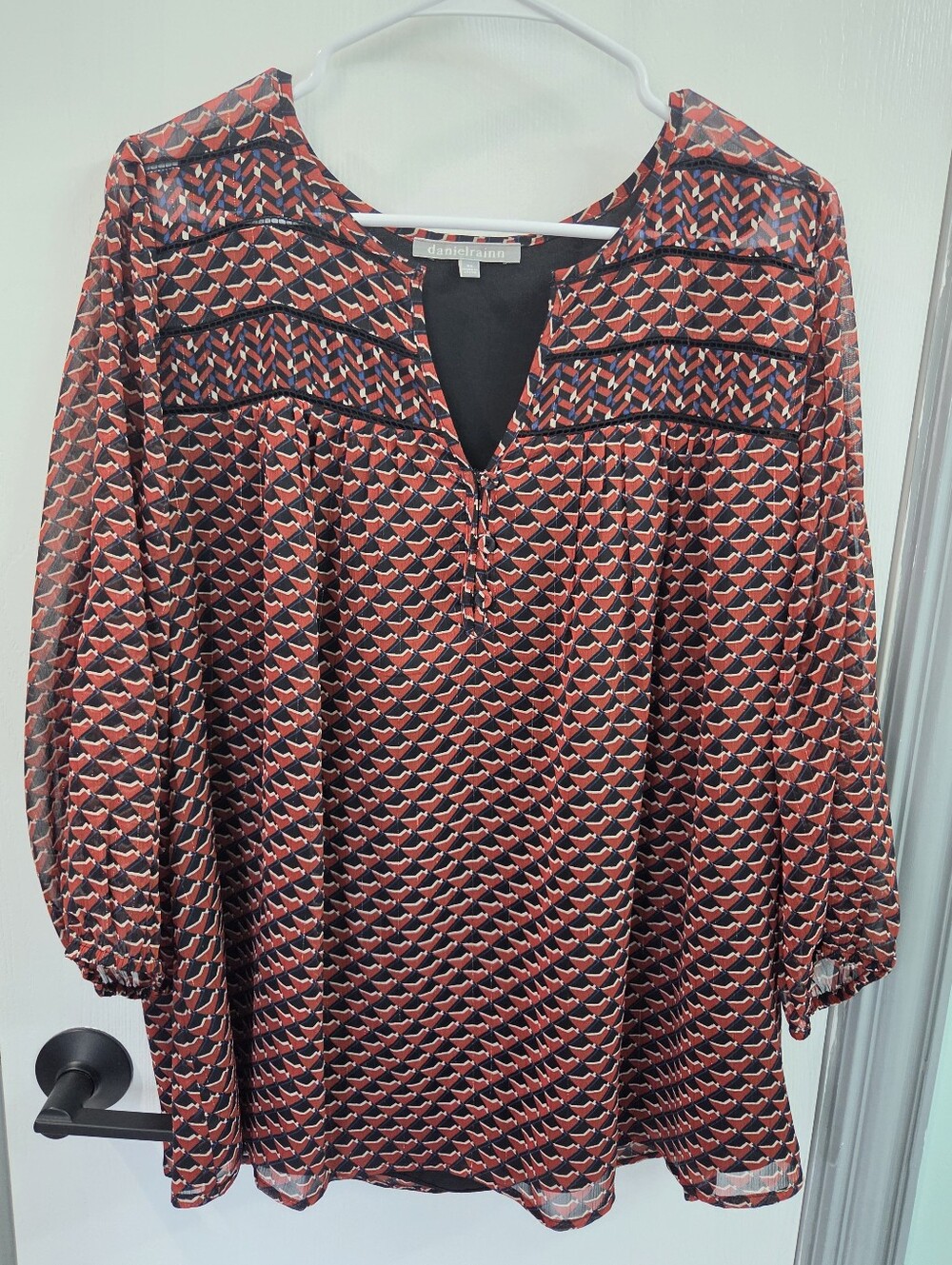 Plus Size Daniel Rainn Black and Red Patterned Split-Neck Blouse